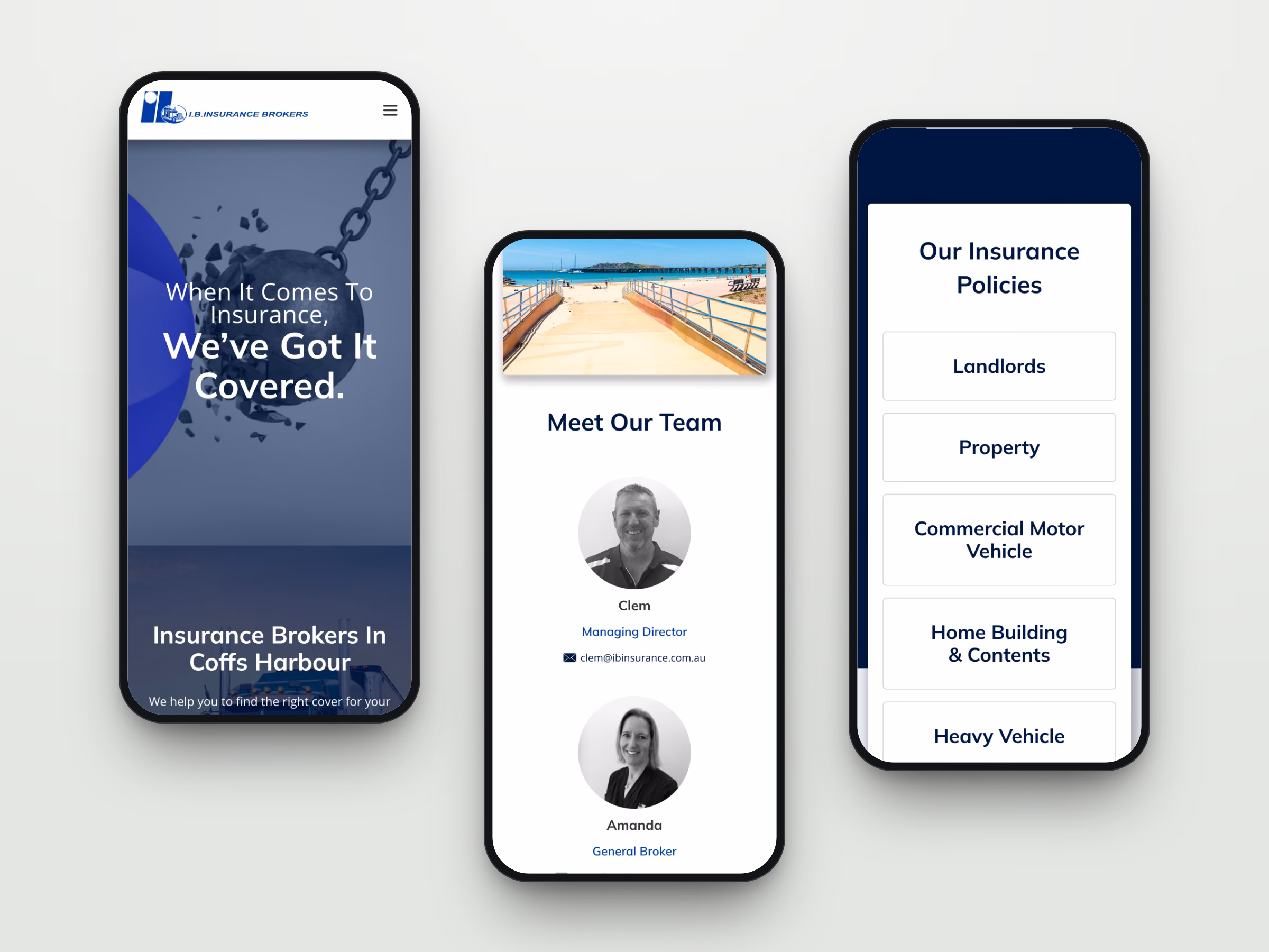 I.B. Insurance Brokers website shown on three mobile phones: homepage, team page and policy list