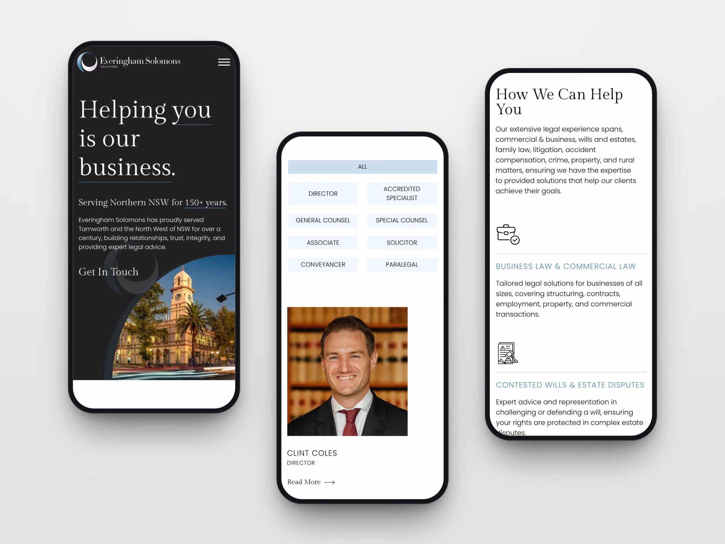 Everingham Solomons website shown on three mobile phones: homepage, team filter and services