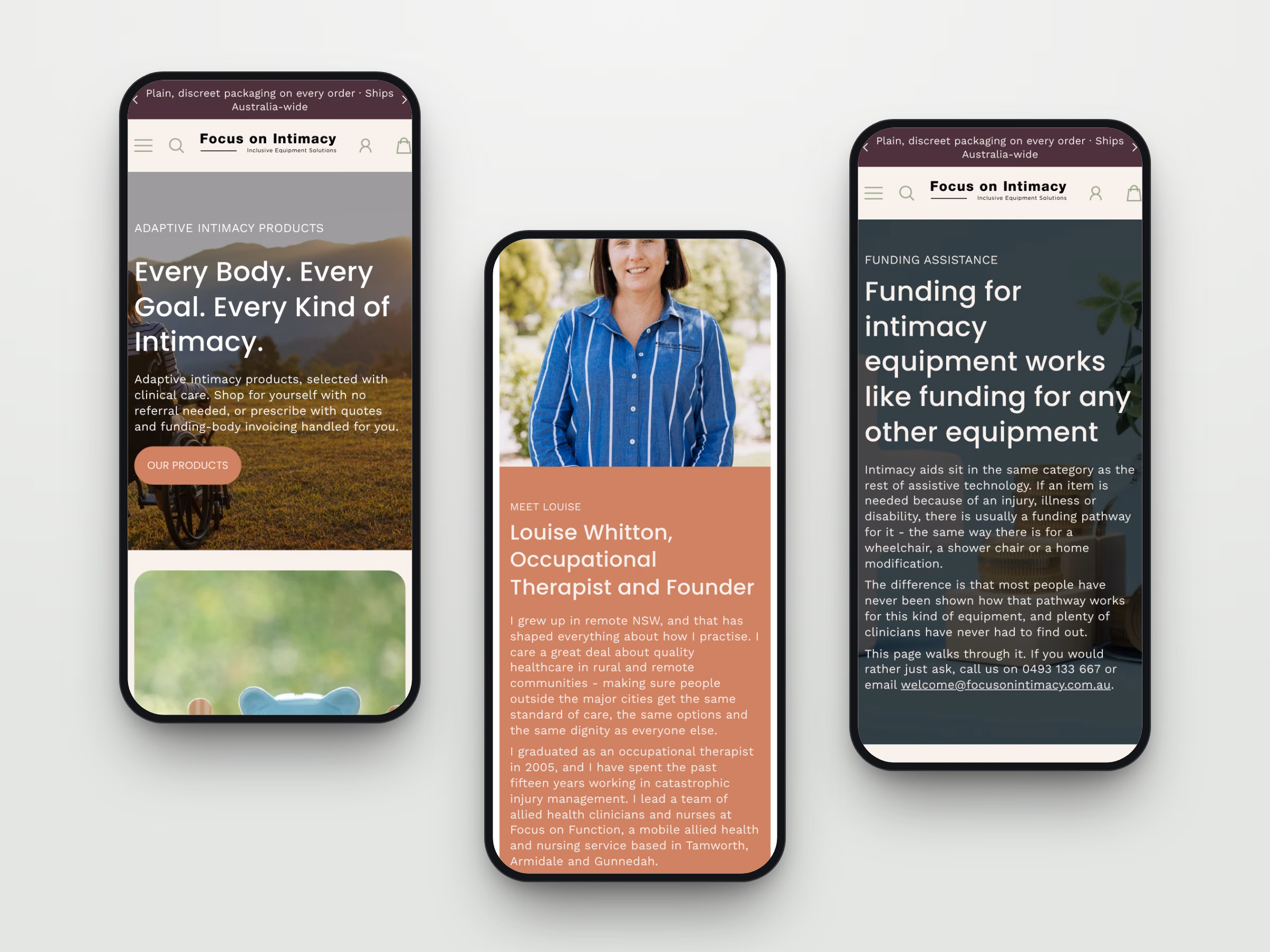 Three mobile screens from the Focus on Intimacy website: the homepage, Louise's story and funding assistance