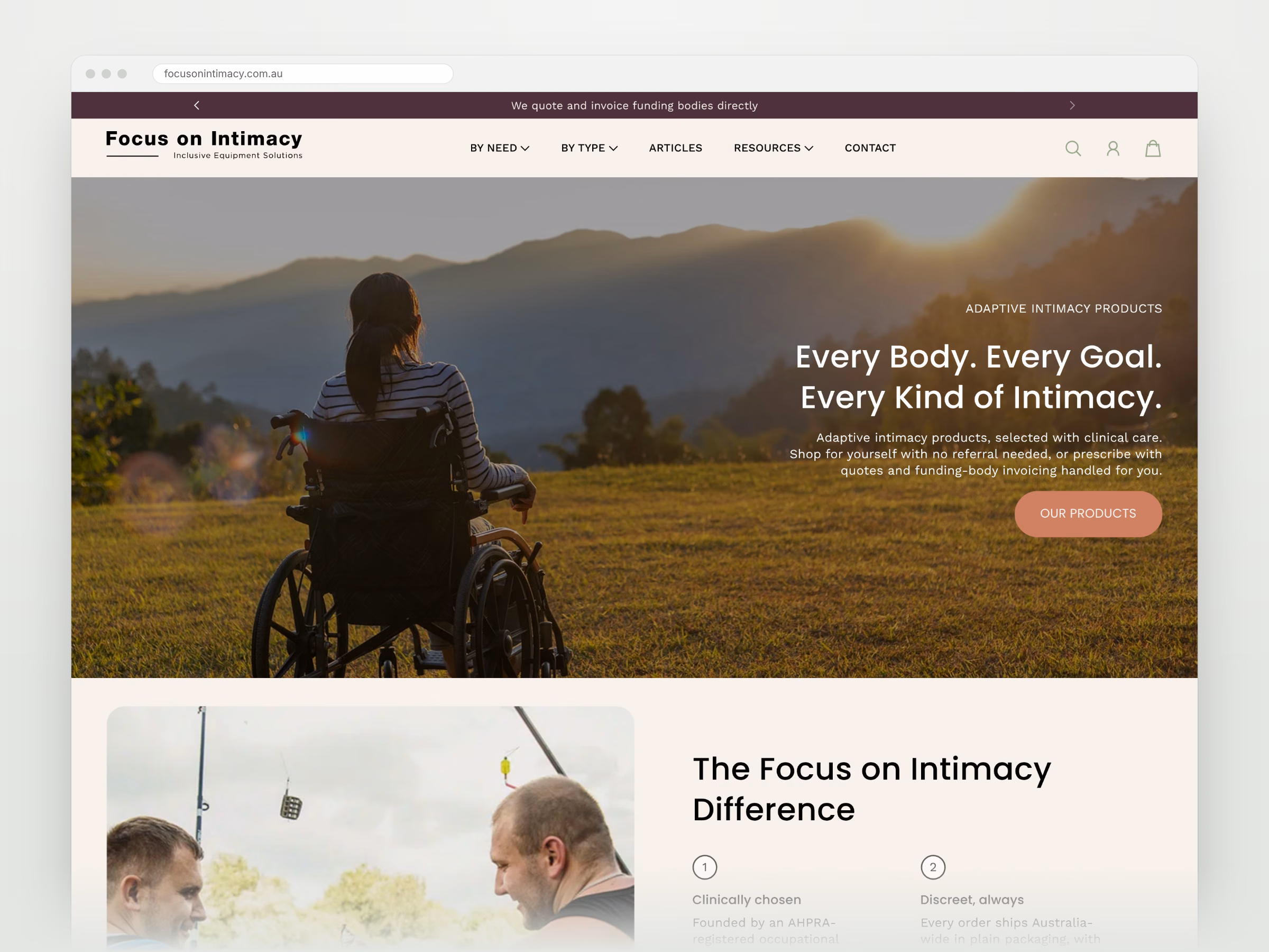 Focus on Intimacy homepage shown in a desktop browser