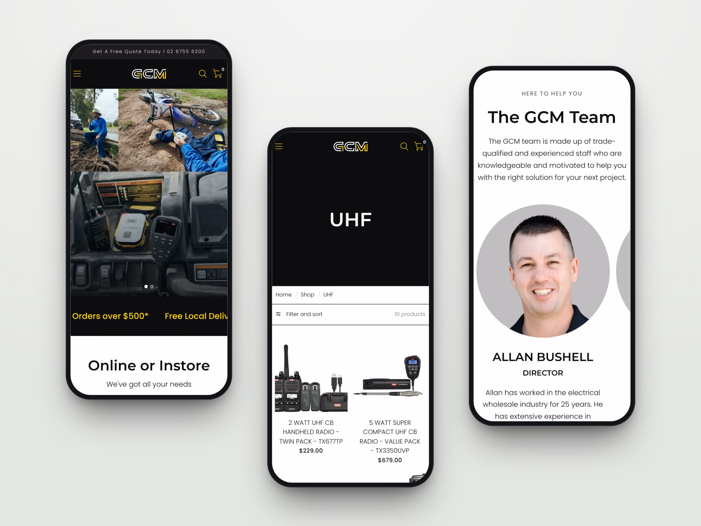Three mobile screens from the GCM website: the homepage, a UHF radio collection and the GCM team