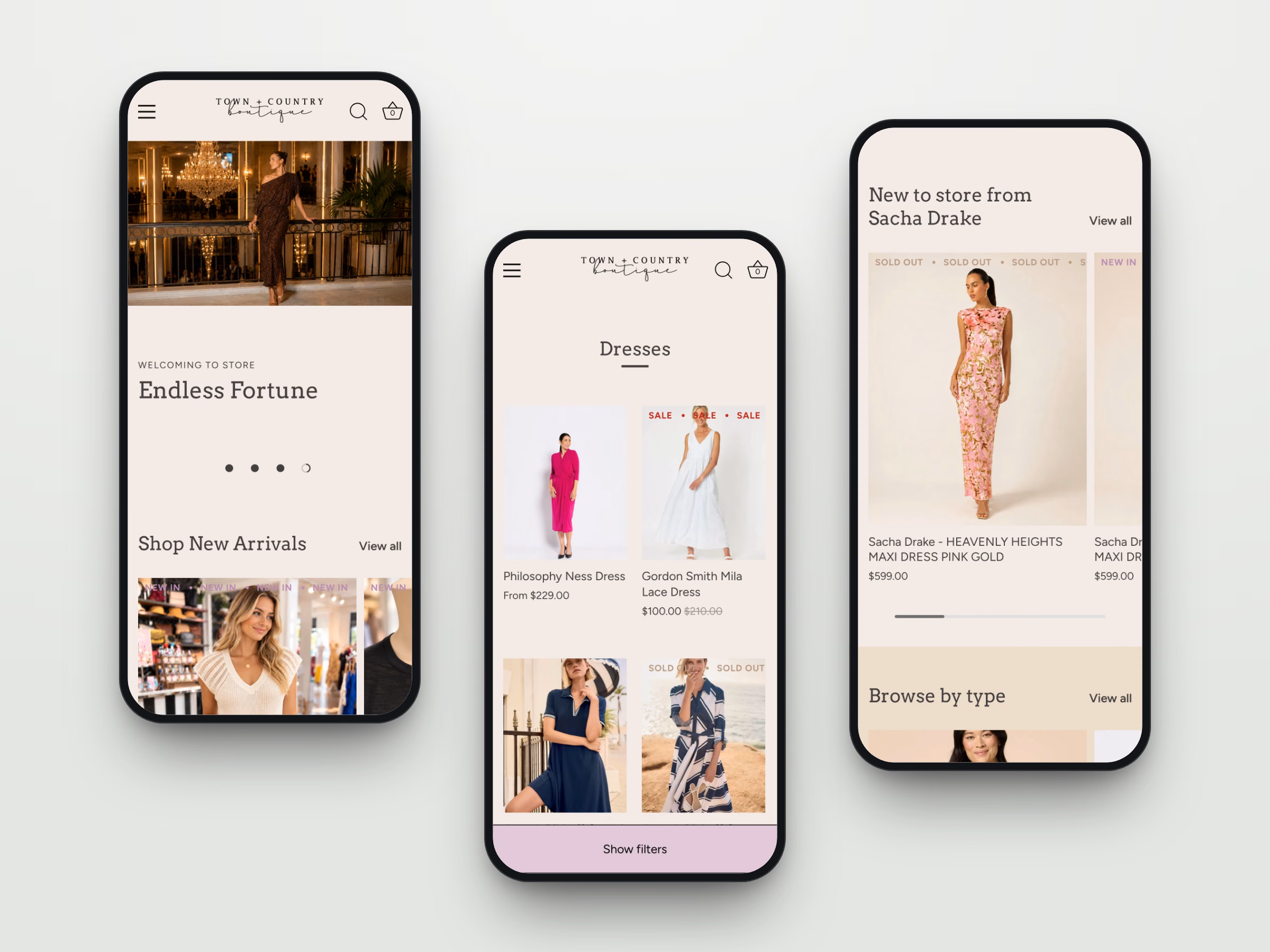 Three mobile screens from the Town & Country Boutique website: the homepage, the dresses collection and new arrivals