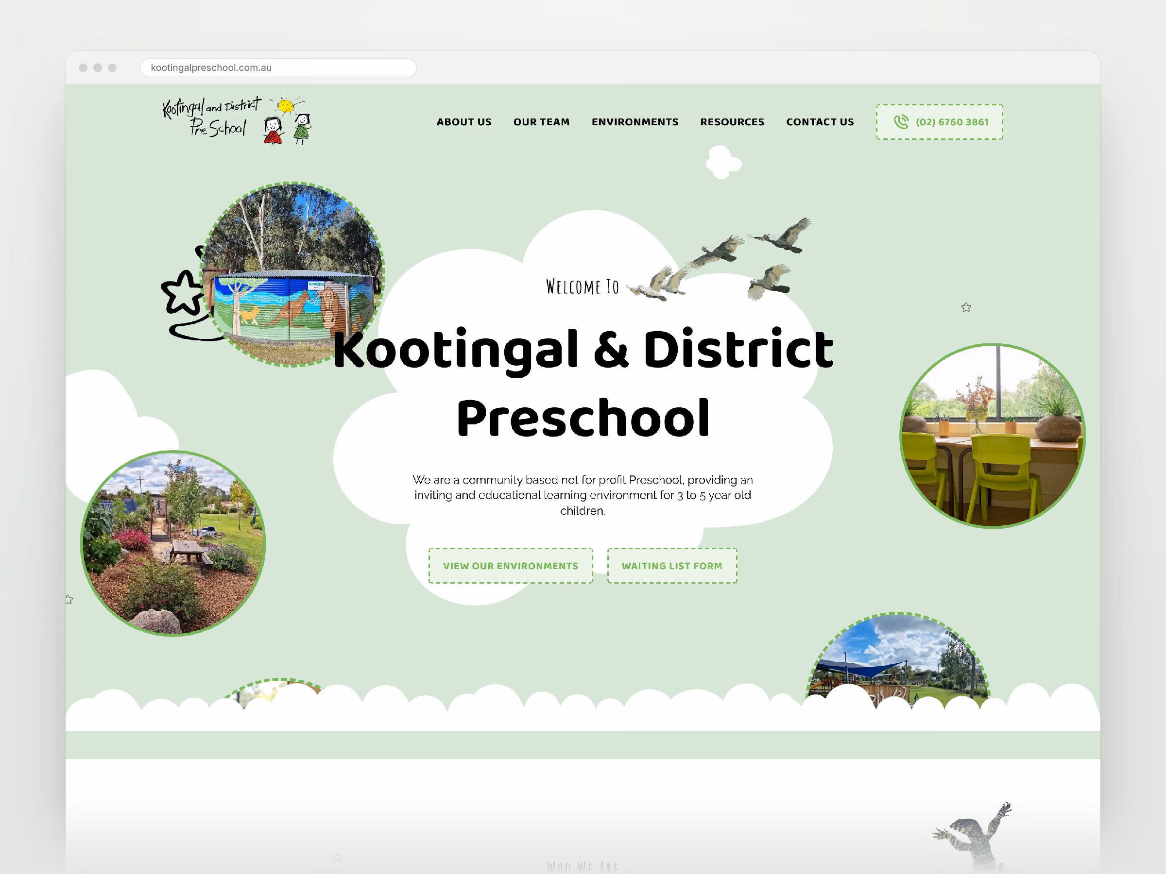 Kootingal & District Preschool homepage in a desktop browser