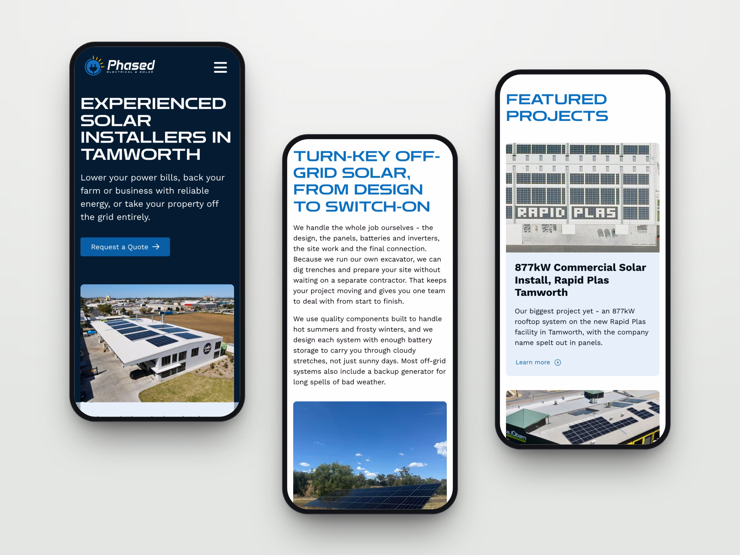 Phased Electrical & Solar website pages shown on three mobile phones