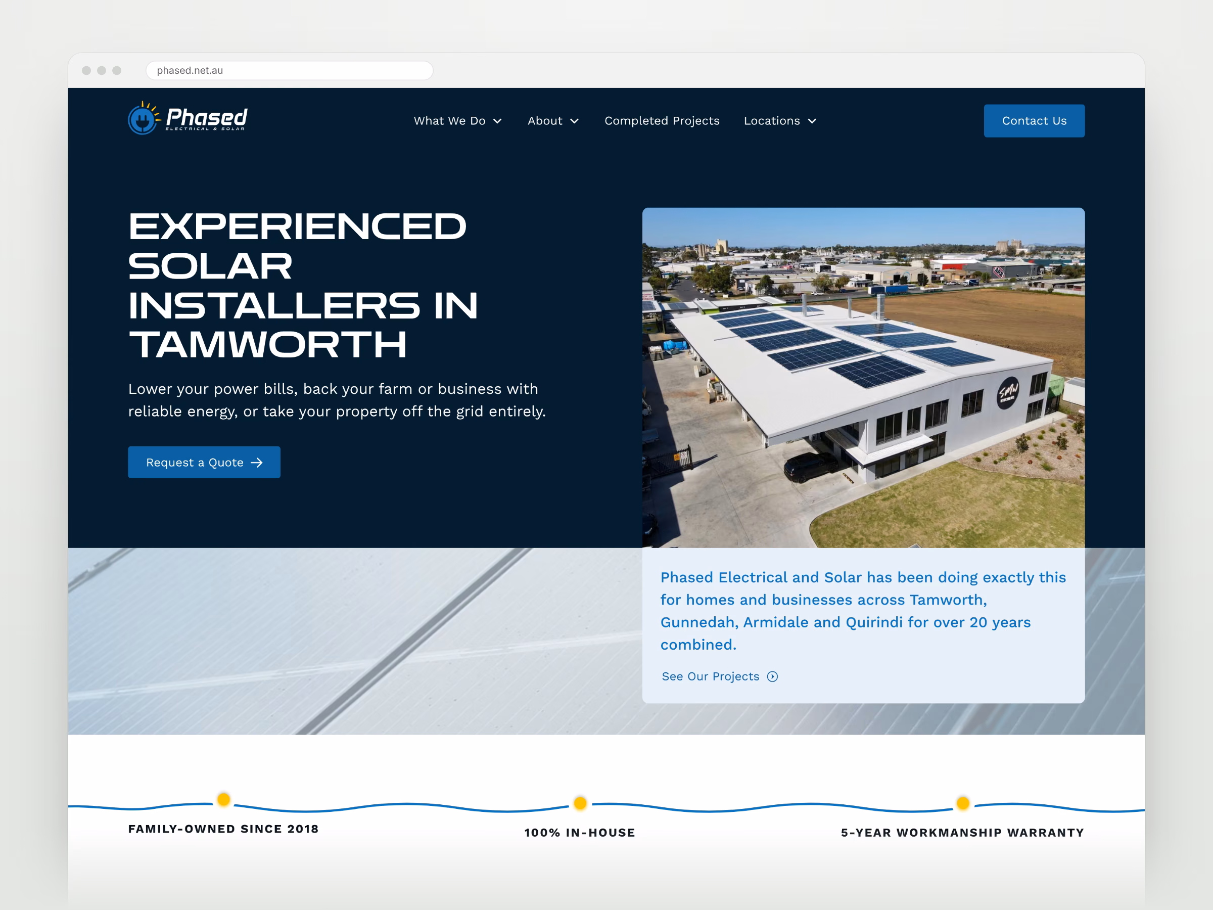 Phased Electrical & Solar homepage shown in a desktop browser