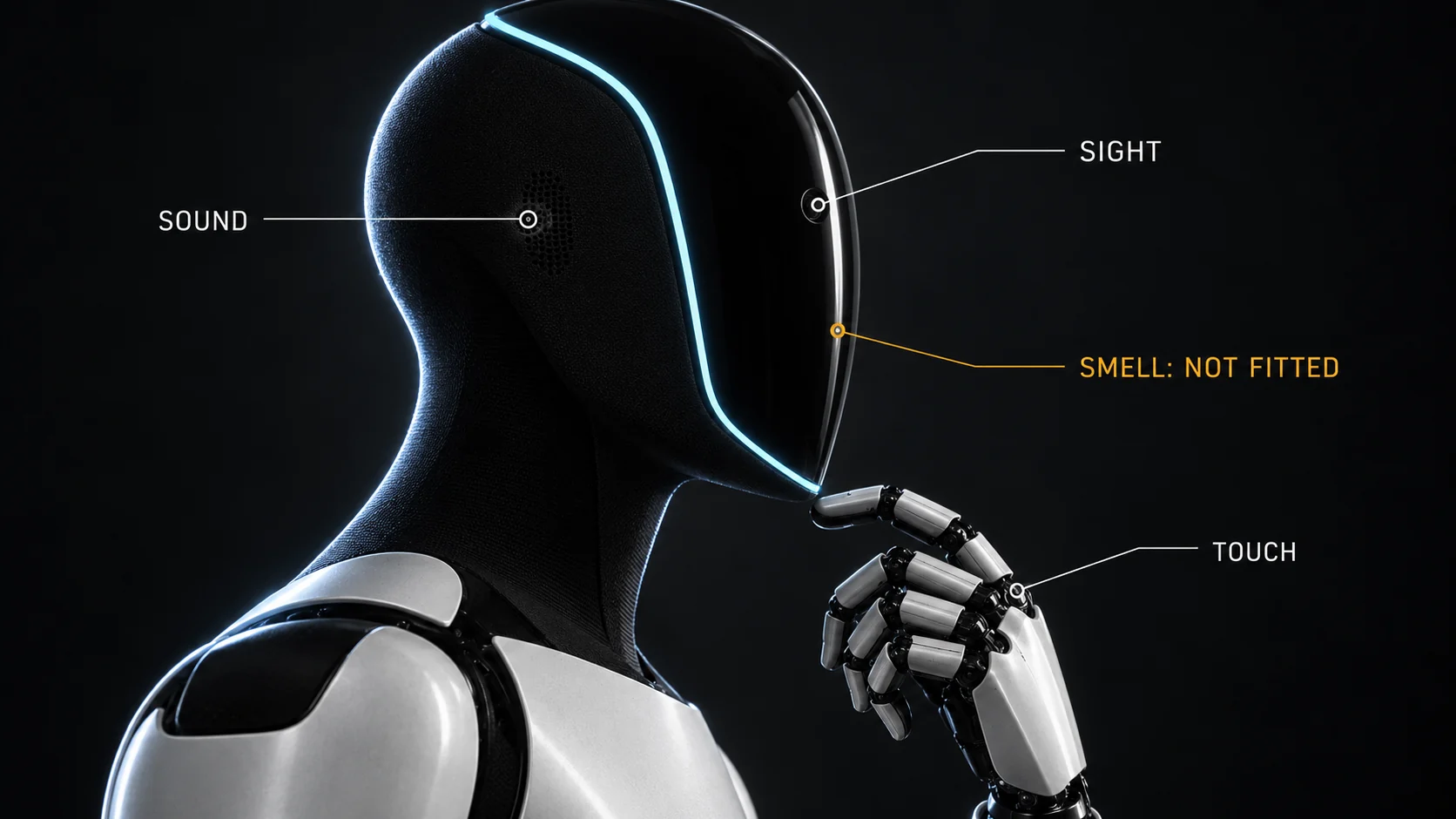 A humanoid robot head labelled sight, sound and touch. Smell is not fitted, while scent particles drift past it.