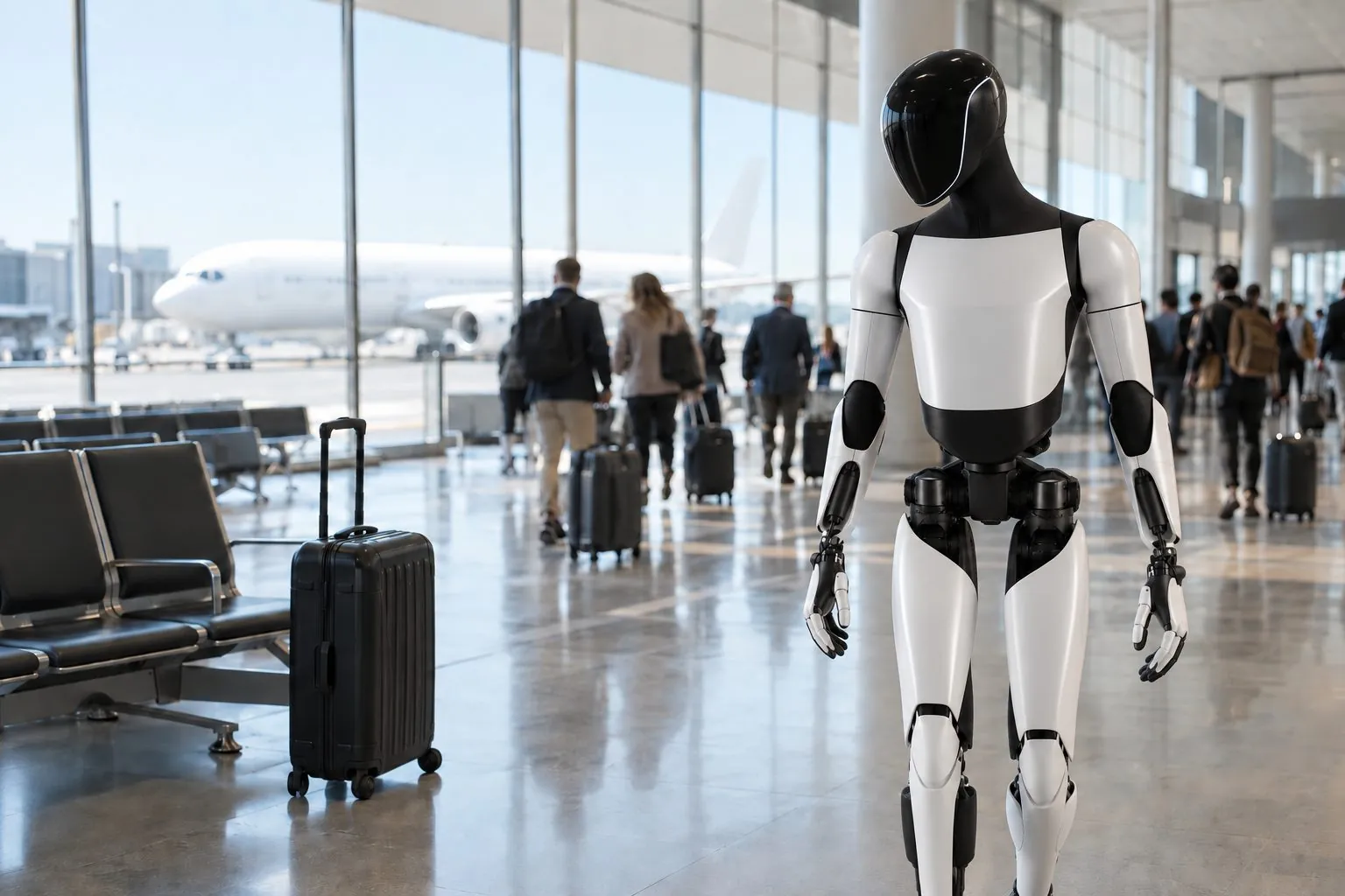 A humanoid robot in an airport terminal identifies the travellers and a suitcase it cannot see inside, until a chemical trace streams from the suitcase to its head.