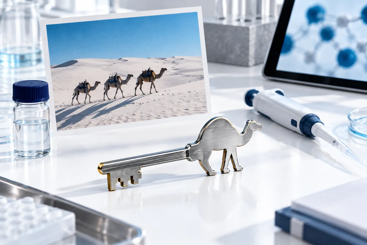 A steel key shaped like a camel on a laboratory bench
