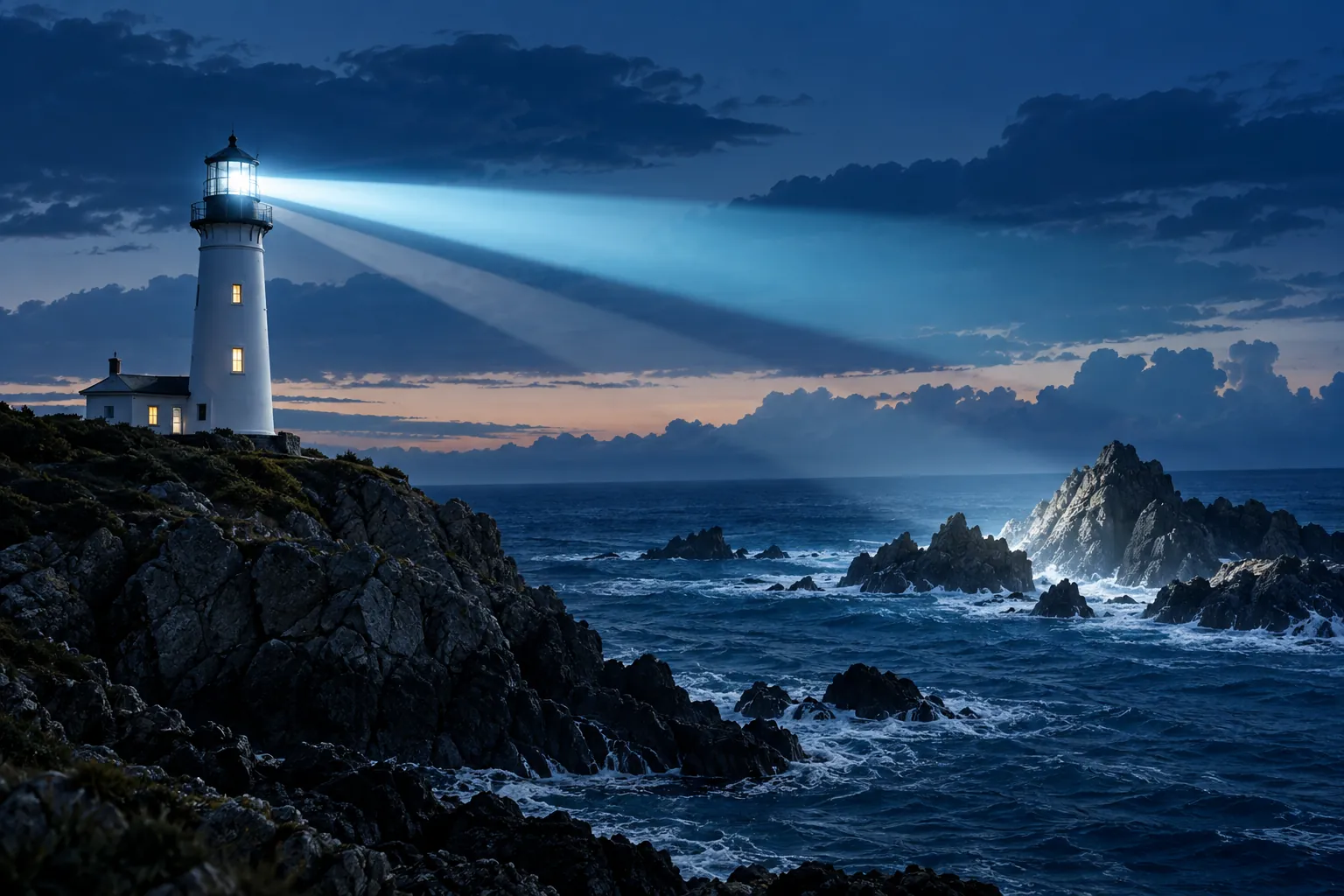 A lighthouse re-lit at dusk, its beam revealing rocks in the water