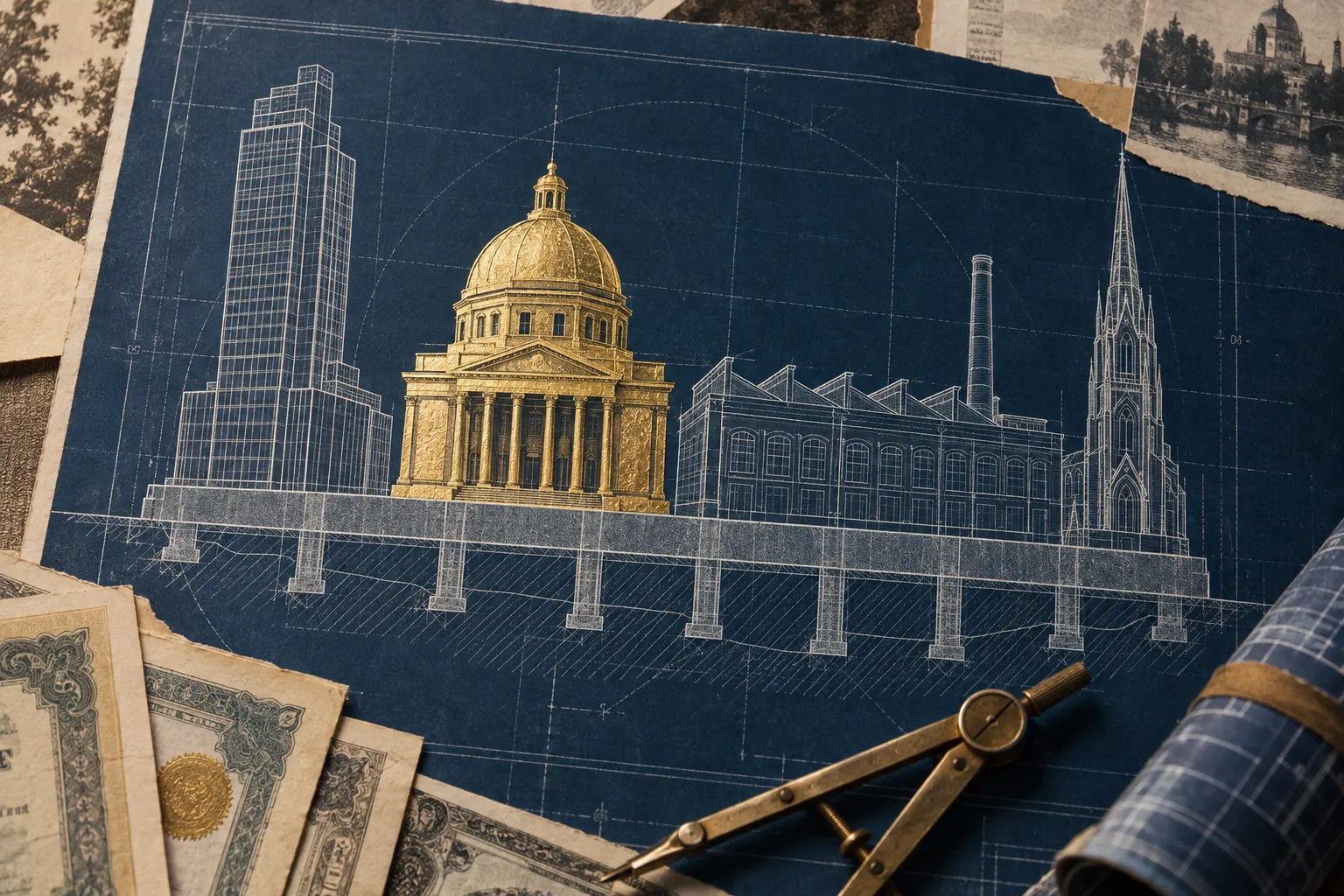 A blueprint of many buildings rising from one shared foundation, one picked out in gold