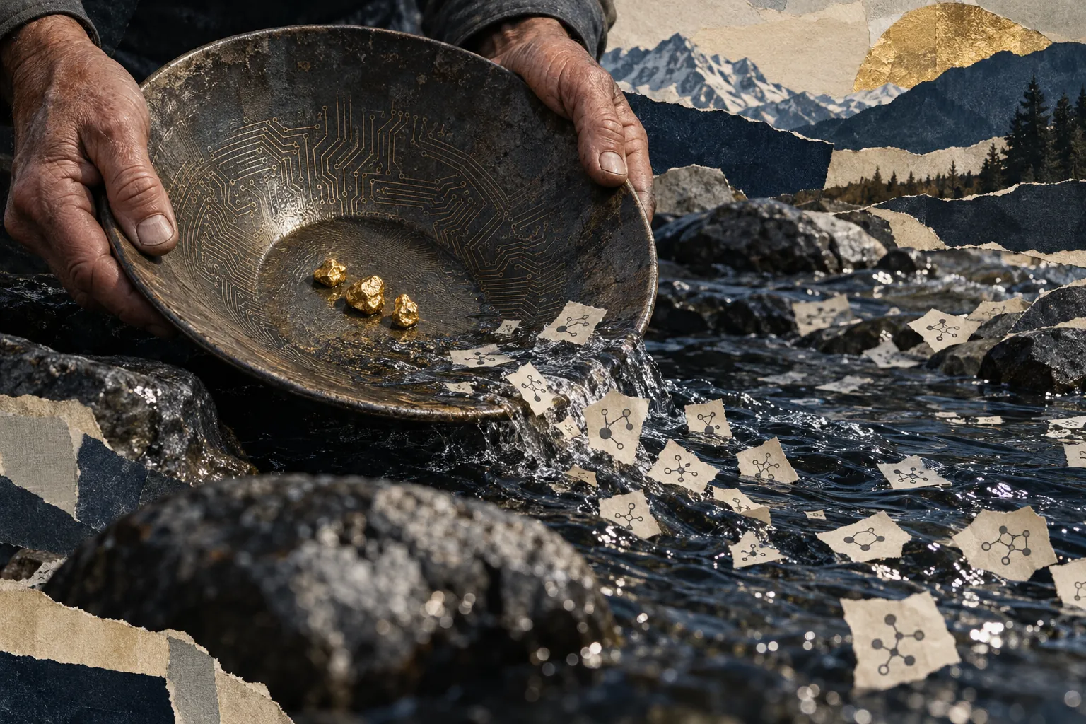 Hands panning for gold; paper molecule diagrams wash away, three nuggets stay in the pan