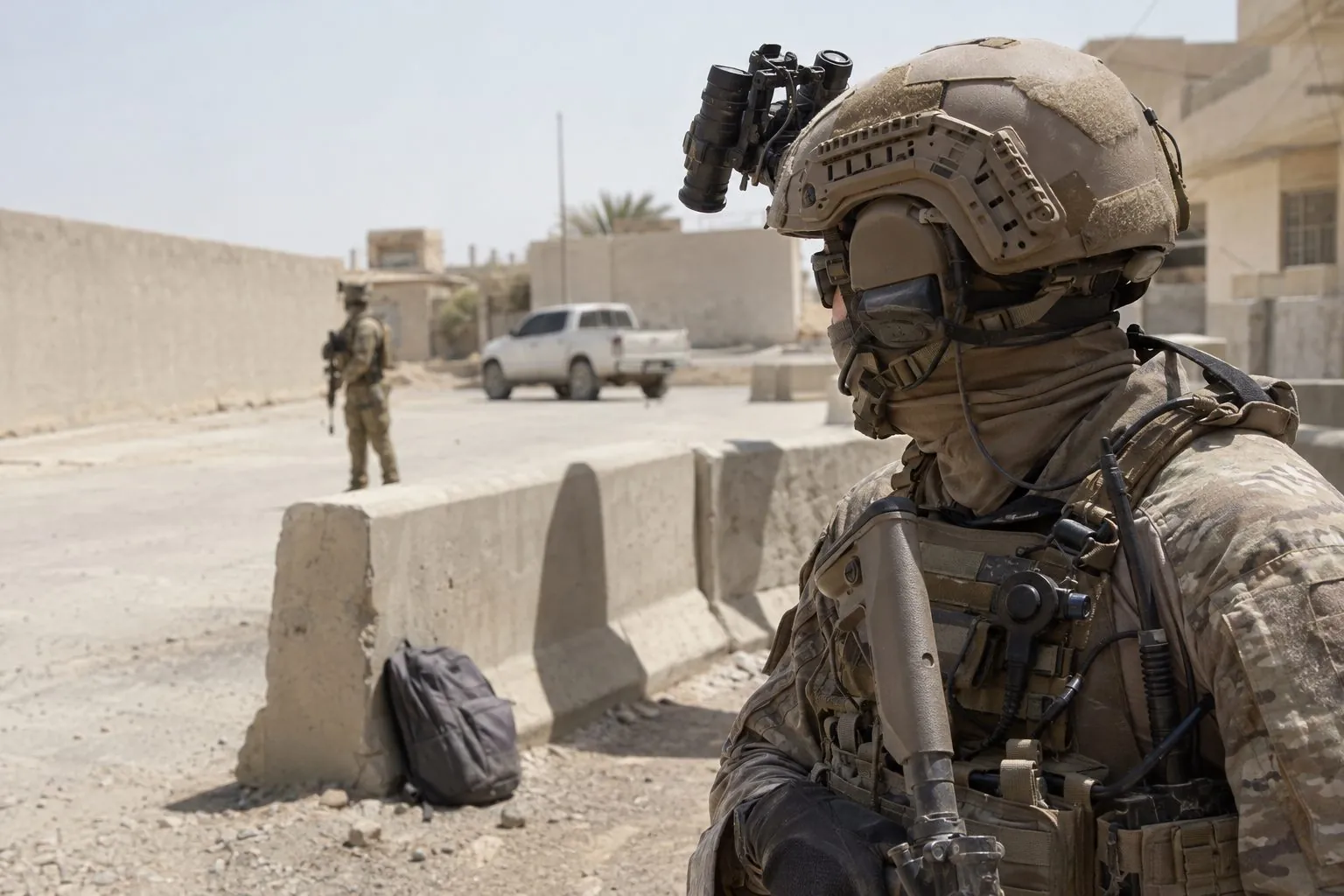 A special operations soldier at a checkpoint. His helmet identifies his teammate and a parked vehicle but cannot tell what is inside an abandoned rucksack, until a chemical trace streams from the rucksack to a sensor on the helmet's side rail.