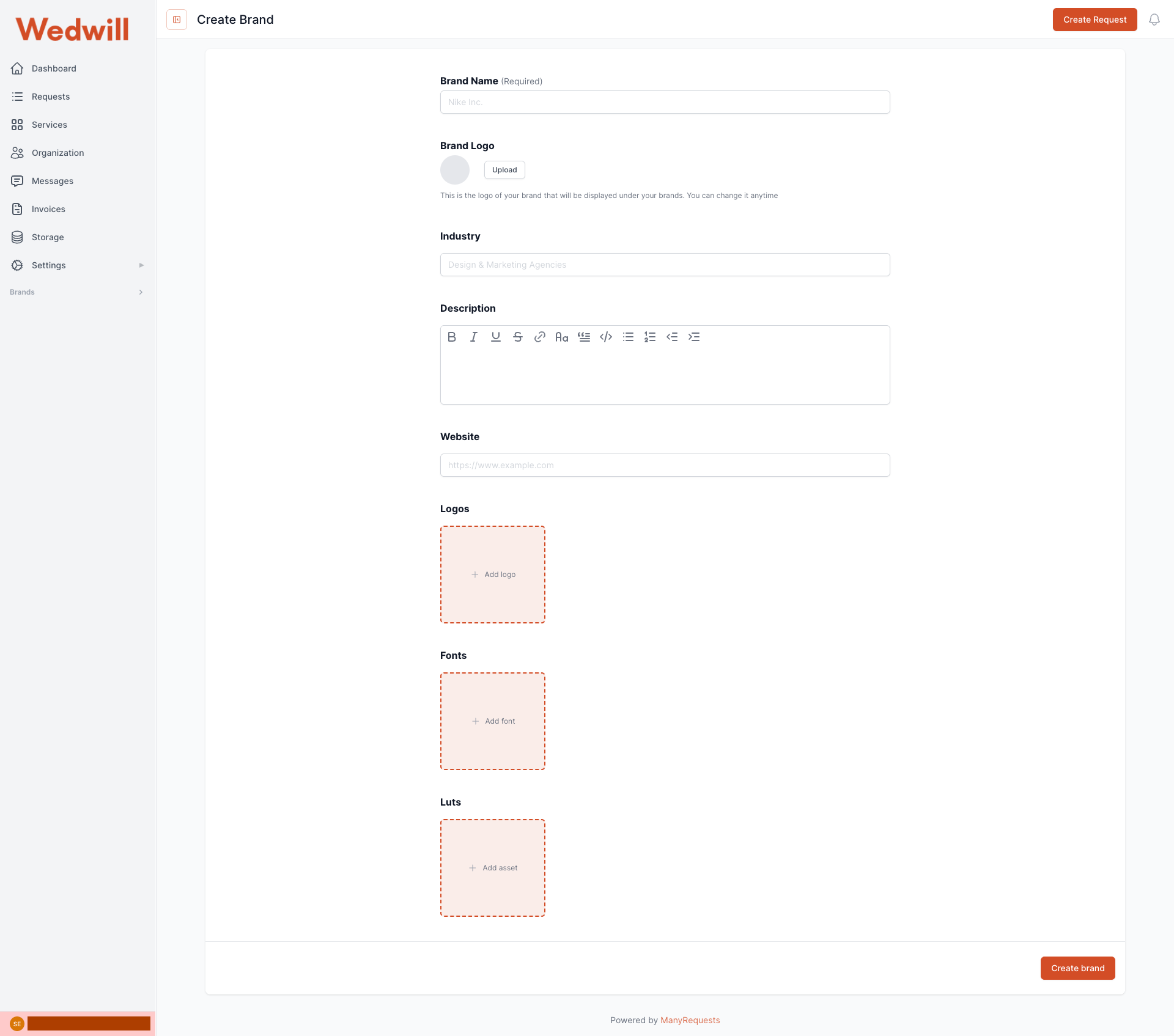 Wedwill client portal Brands section showing logo, font and LUT asset uploads