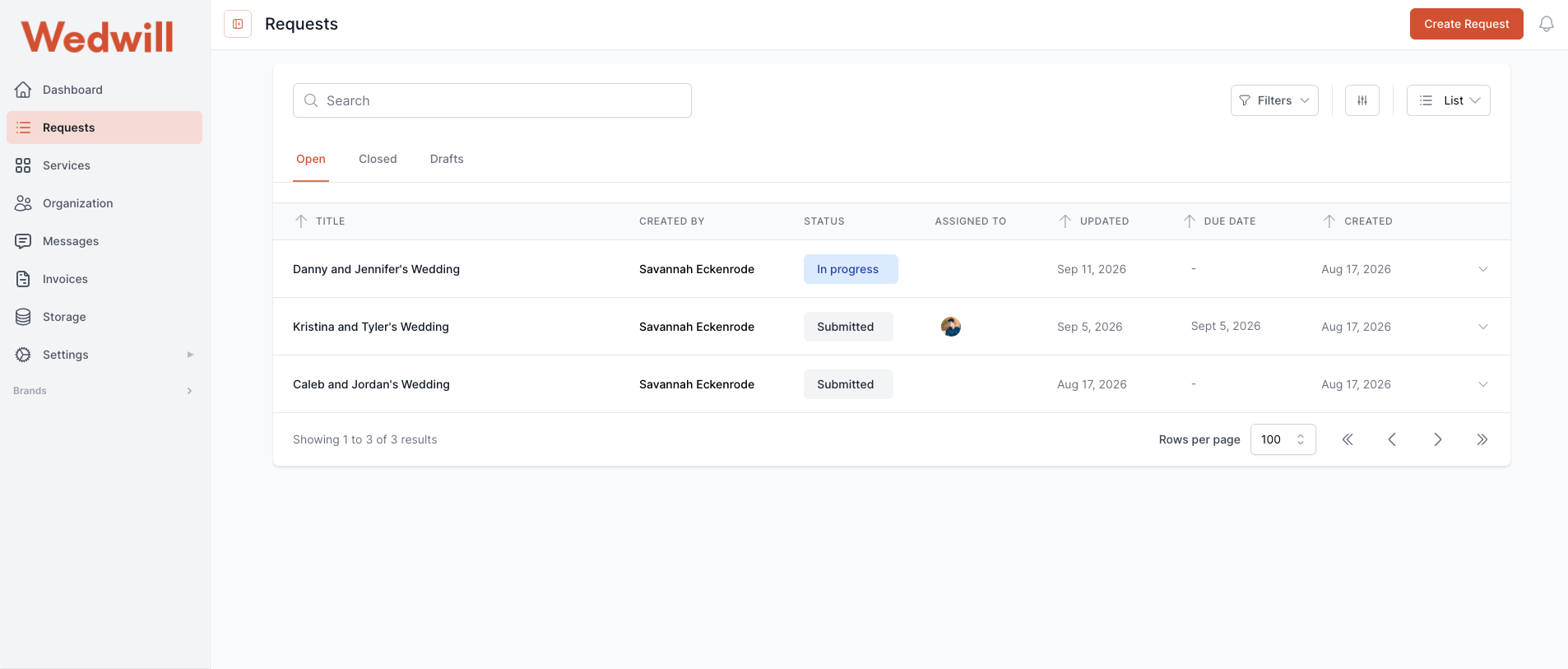 Wedwill client portal dashboard showing open requests with status and dates