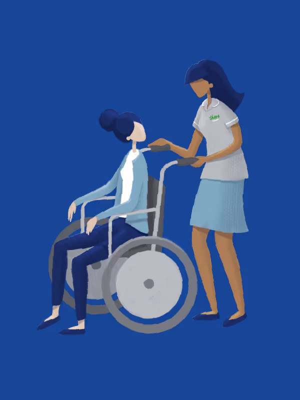 Illustration of a caregiver with a woman in a wheelchair on a blue background.