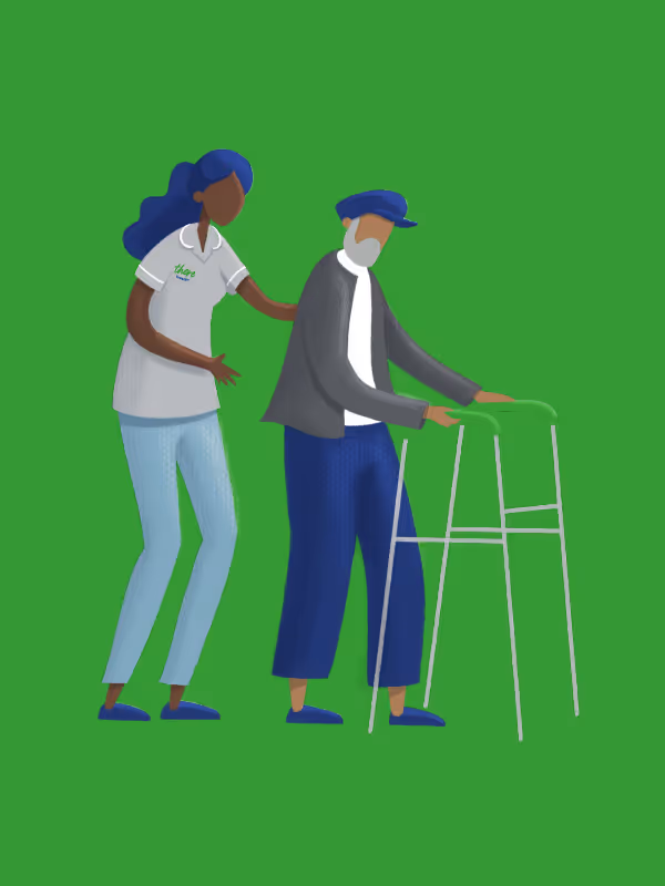 Illustration of a caregiver assisting an elderly man with a walker on a green background.