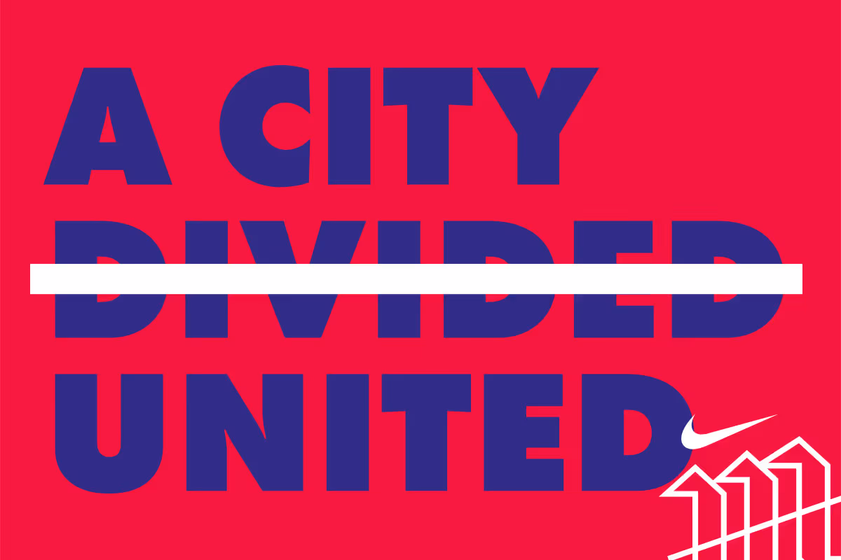 Graphic with text 'A CITY DIVIDED DIVIDED UNITED' in blue over a red background, with a horizontal white stripe through the middle of 'DIVIDED', and the Nike logo accompanied by a Nike London United Logo