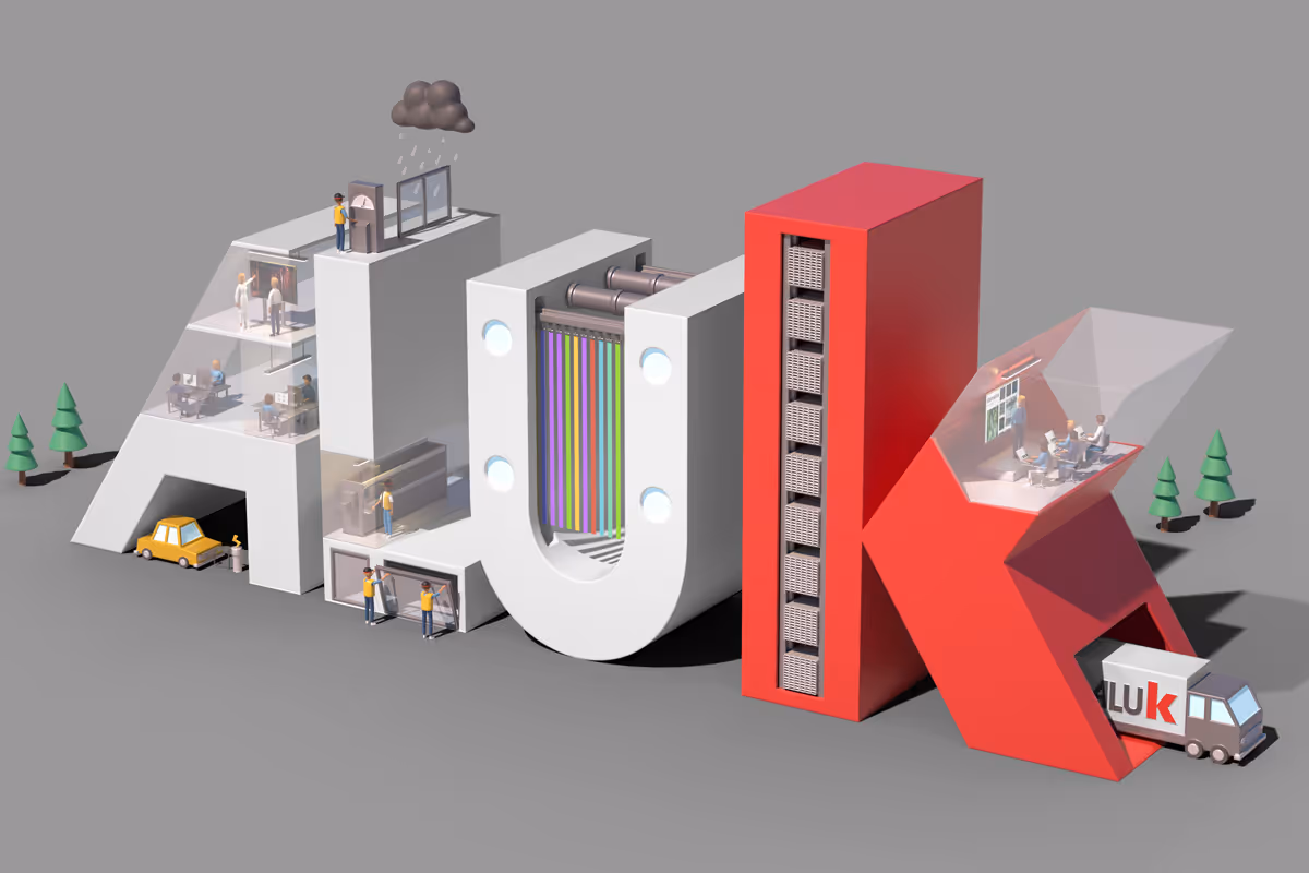 Stylised letters 'AluK,' each containing a small representation of the various departments within the AluK company's factory.