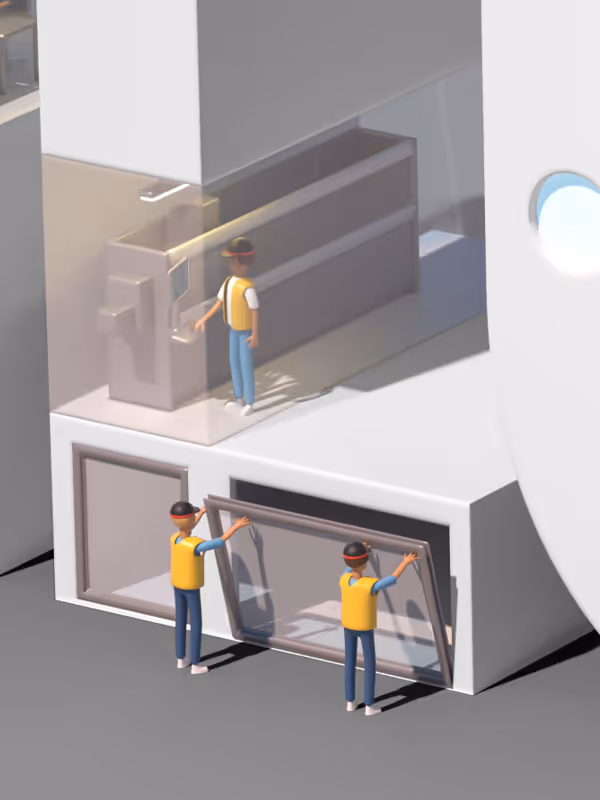 Graphic illustration depicting workers assembling an aluminium window frame.