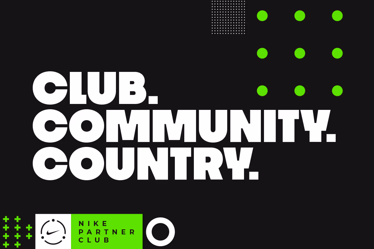 Graphic with the words 'CLUB. COMMUNITY. COUNTRY.' in large white letters on a black background, with the Nike Partner Club logo in green and decorative green dots.
