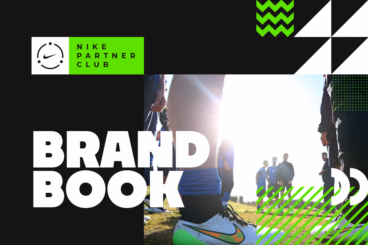 Cover design for 'BRAND BOOK' featuring the Nike Partner Club logo in green, with a photo of athletes on a field and graphic geometric patterns in green and black.