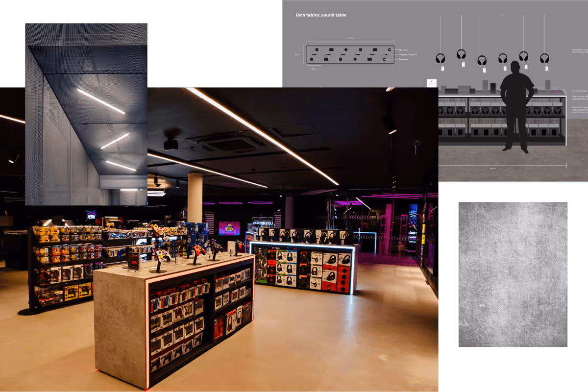 Collage of images showing the interior of London's GAME store, with display stands filled with gaming merchandise, a tech table layout for sound testing, and schematic designs for the store layout and customer interaction areas.