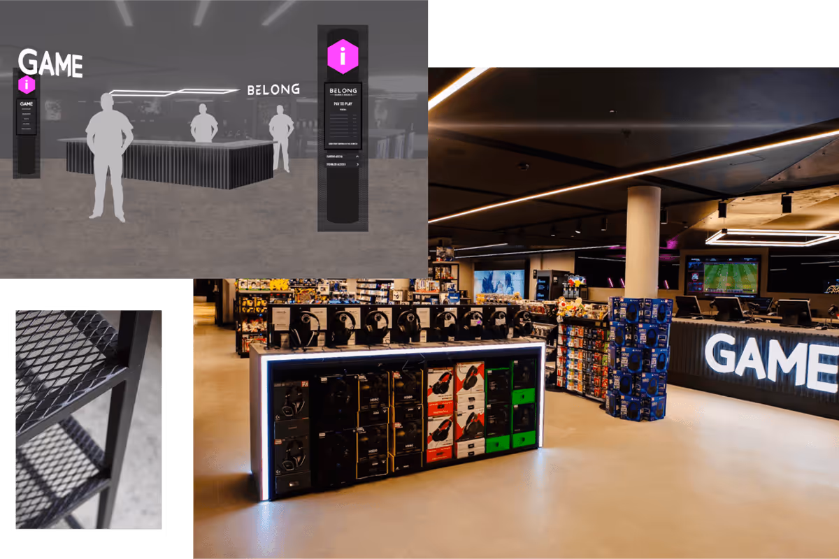 Collage showing various aspects of the GAME store: a schematic design for a customer service point, a close-up of a black metal mesh panel, and wide shots of the store's interior with gaming products on display and a prominent GAME logo.