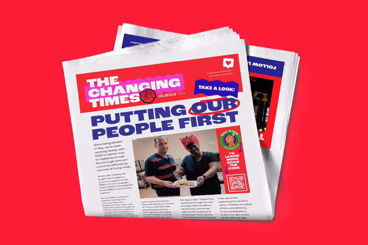 Stack of 'The Changing Times' newspapers with a headline 'PUTTING OUR PEOPLE FIRST' featuring Labour Party branding and articles about community support and initiatives.