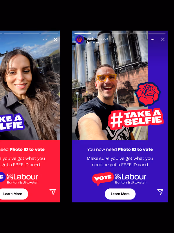 Dual social media stories with self-portraits and a message about needing photo ID to vote, featuring the Labour Party's campaign and logo.