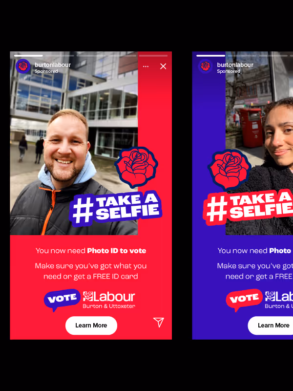 Two social media stories by Burton Labour promoting voter ID requirements, each with a different person taking a selfie and a call-to-action to get a free ID card to vote.