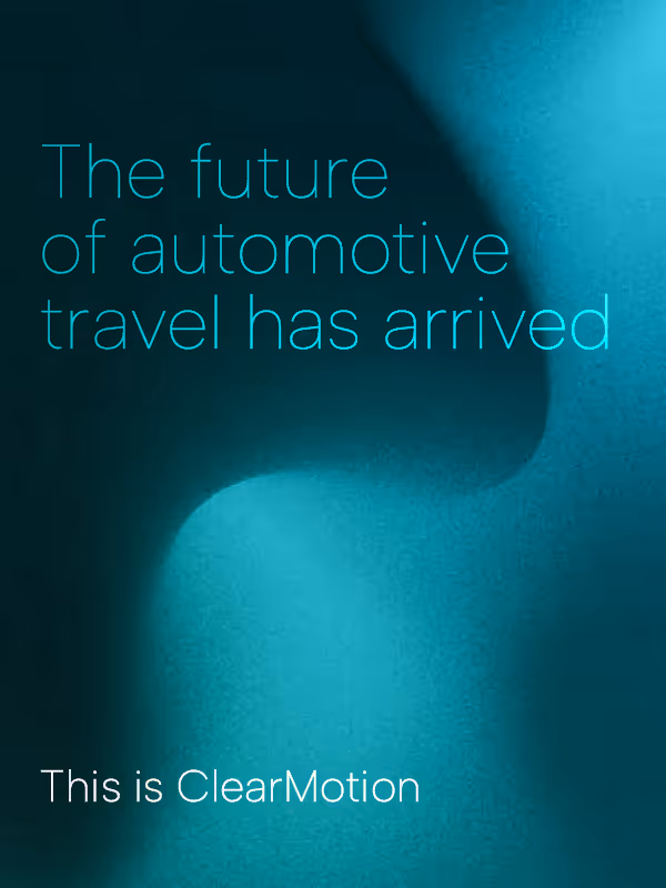 A screenshot of ClearMotion homepage with heading "The future of Automotive travel has arrived. This is ClearMotion"