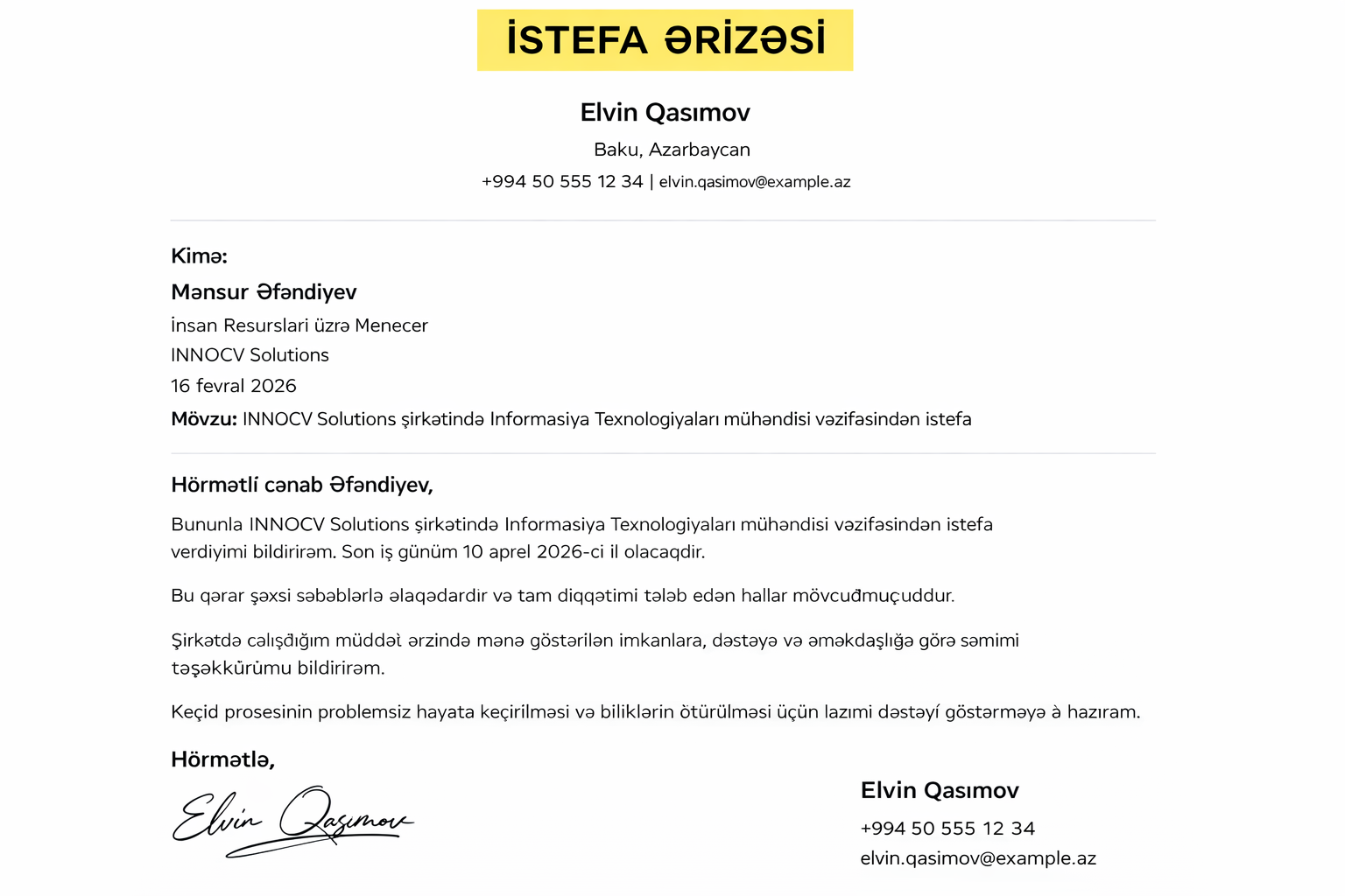 AI generatordan əldə edilmiş istefa məktubu nümunəsi