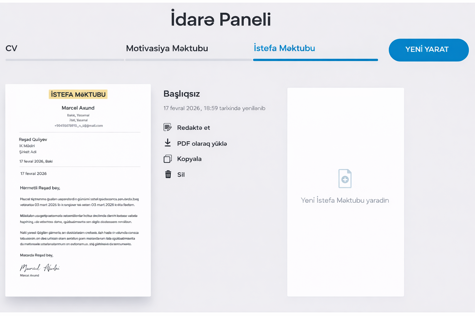AI tərəfindən peşəkar istefa məktubunun hazırlanmasının skrinşotu