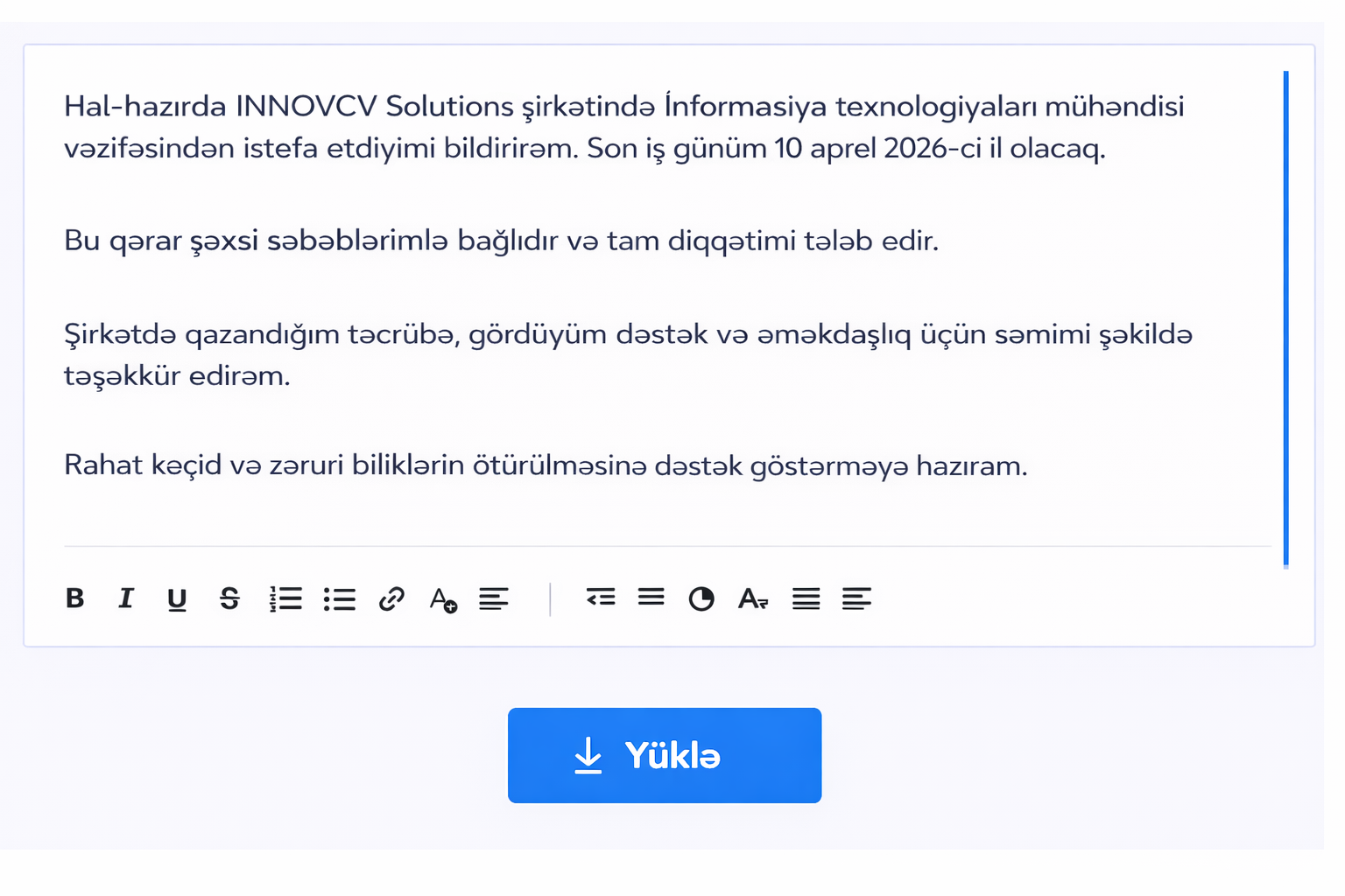 Süni intellekt tərəfindən yaradılmış istefa məktubunun məzmununa dair illüstrasiya