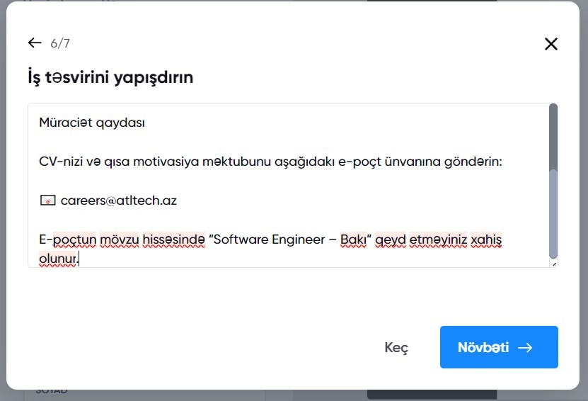 İşin təsviri haqda məlumatların təqdim edilməsi