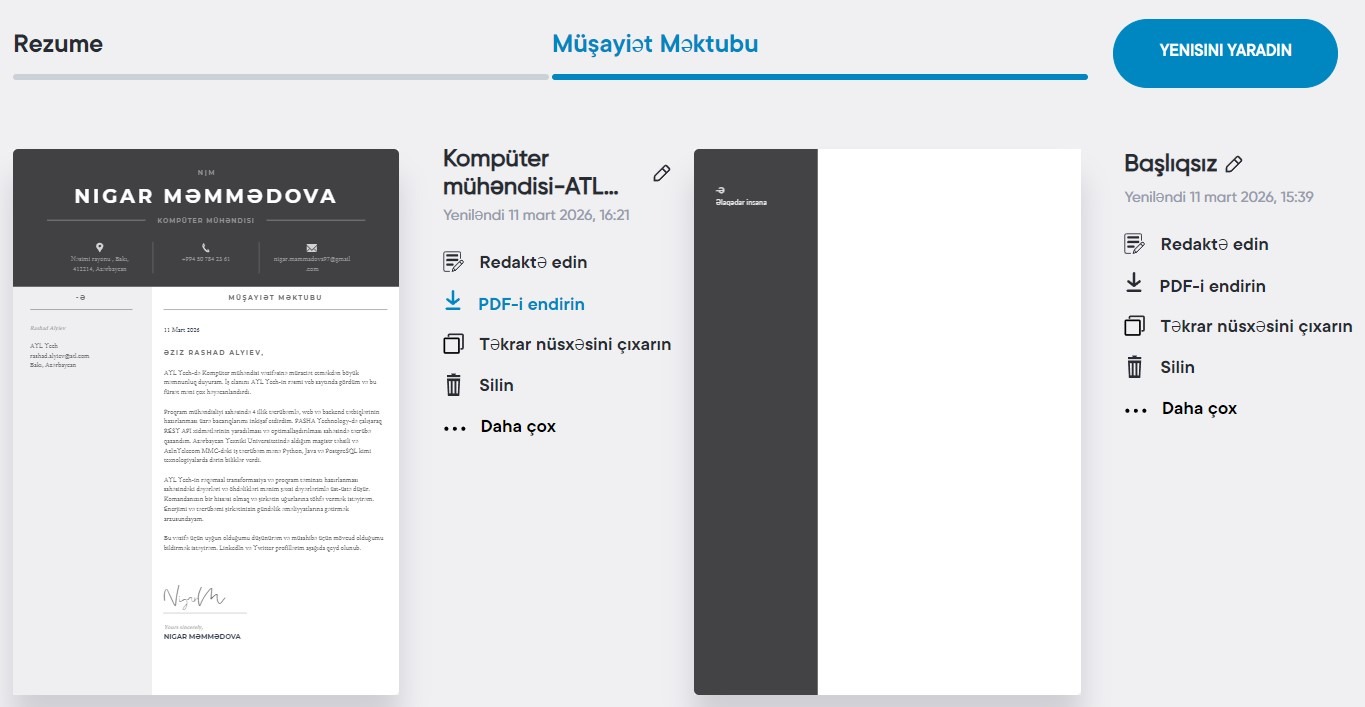 İstifadəçi Panelində Qapaq Məktubu bölməsinin seçilməsi