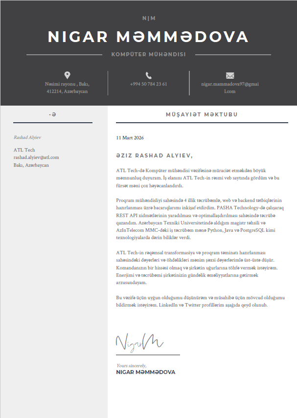 Aİ ilə hazırlanmış qapaq məktubunun skrinşotu