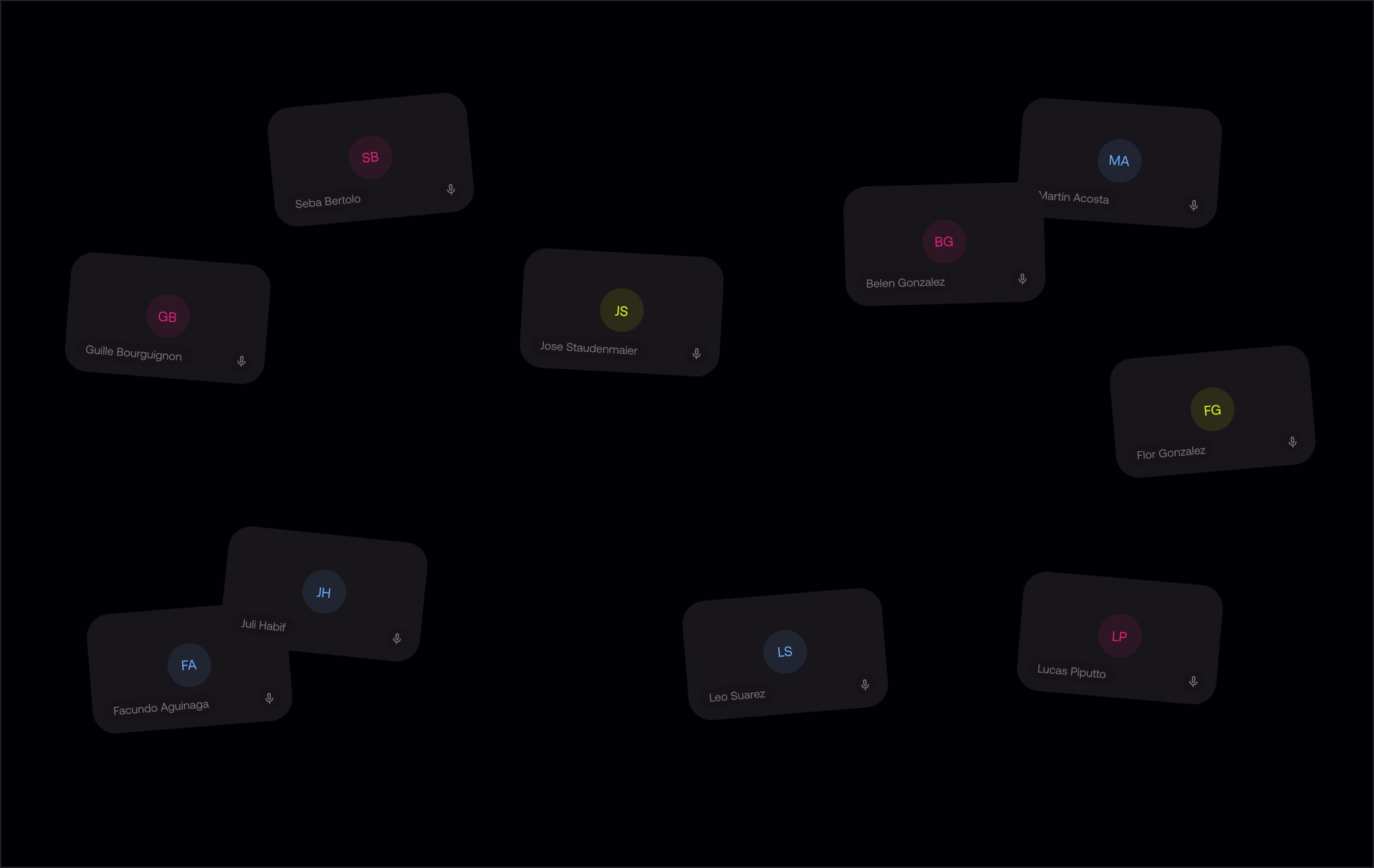 Grid of dark voice call panels showing names and initials of participants on a black background.
