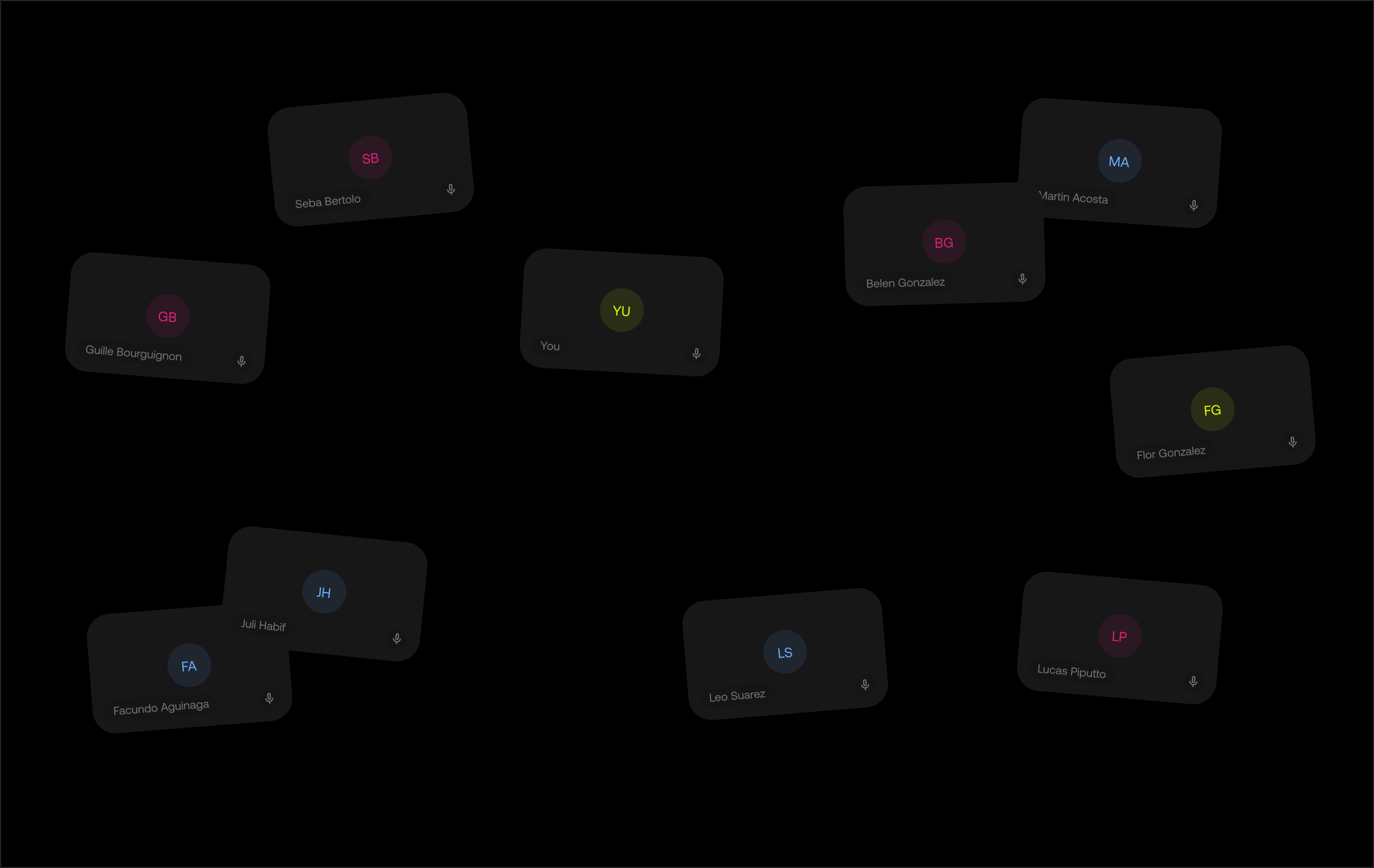 Grid of dark voice call panels showing names and initials of participants on a black background.