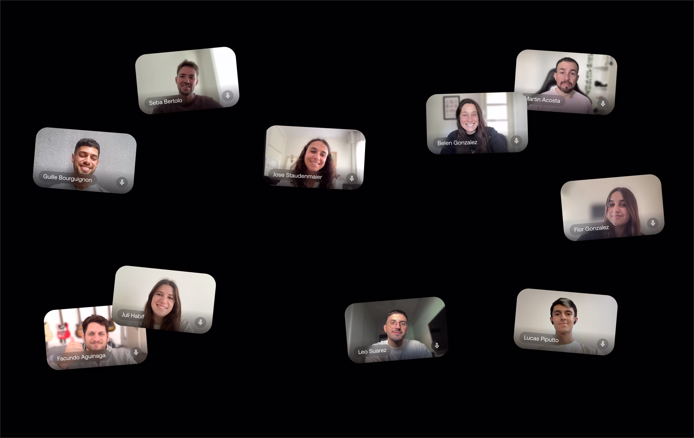 Video call interface showing 10 participants in individual frames with names labeled and muted microphones, one participant is holding a dog.
