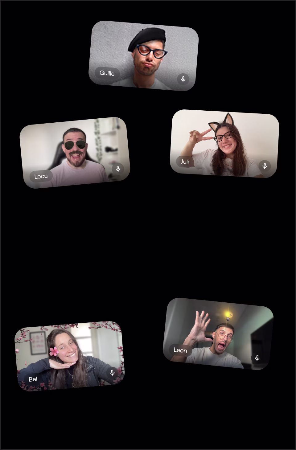 Five people in a video call with playful filters: frog on head, sunglasses and mustache, flower in hair, and surprised expression with raised hand.