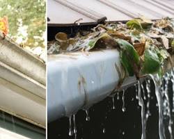 Image of clogged house gutter with water overflowing causing foundation issues vs clean gutter