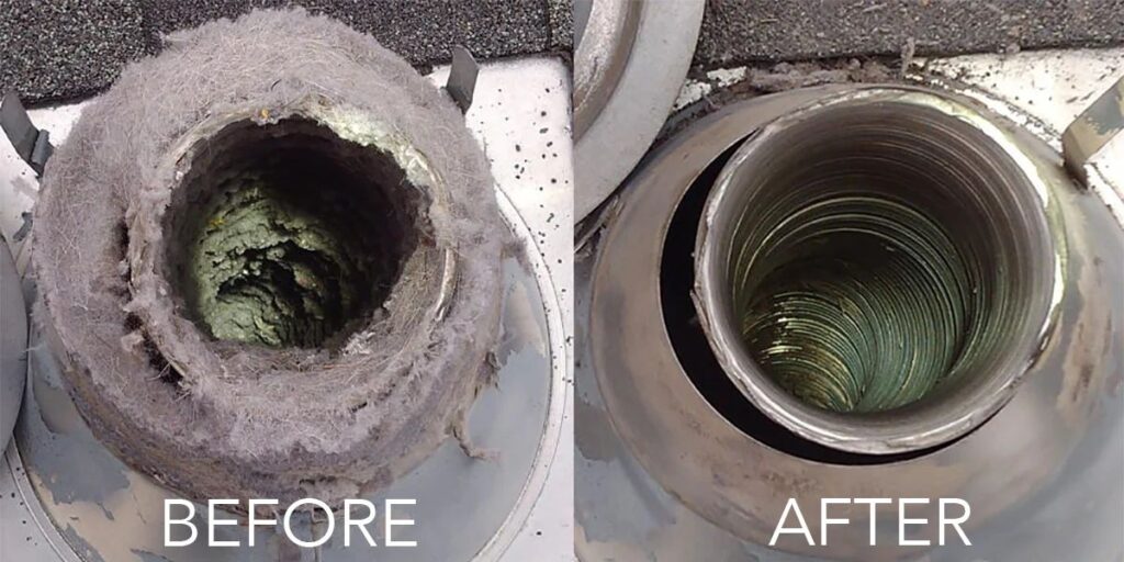 a side-by-side comparison of a dirty dryer vent in Chester County, PA, and after a dryer vent cleaning service