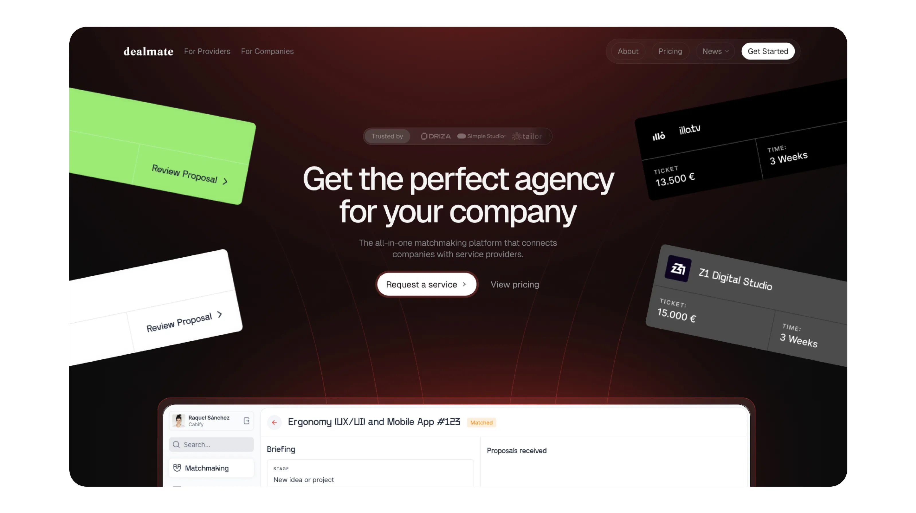B2B platform hero with cards on dark gradient