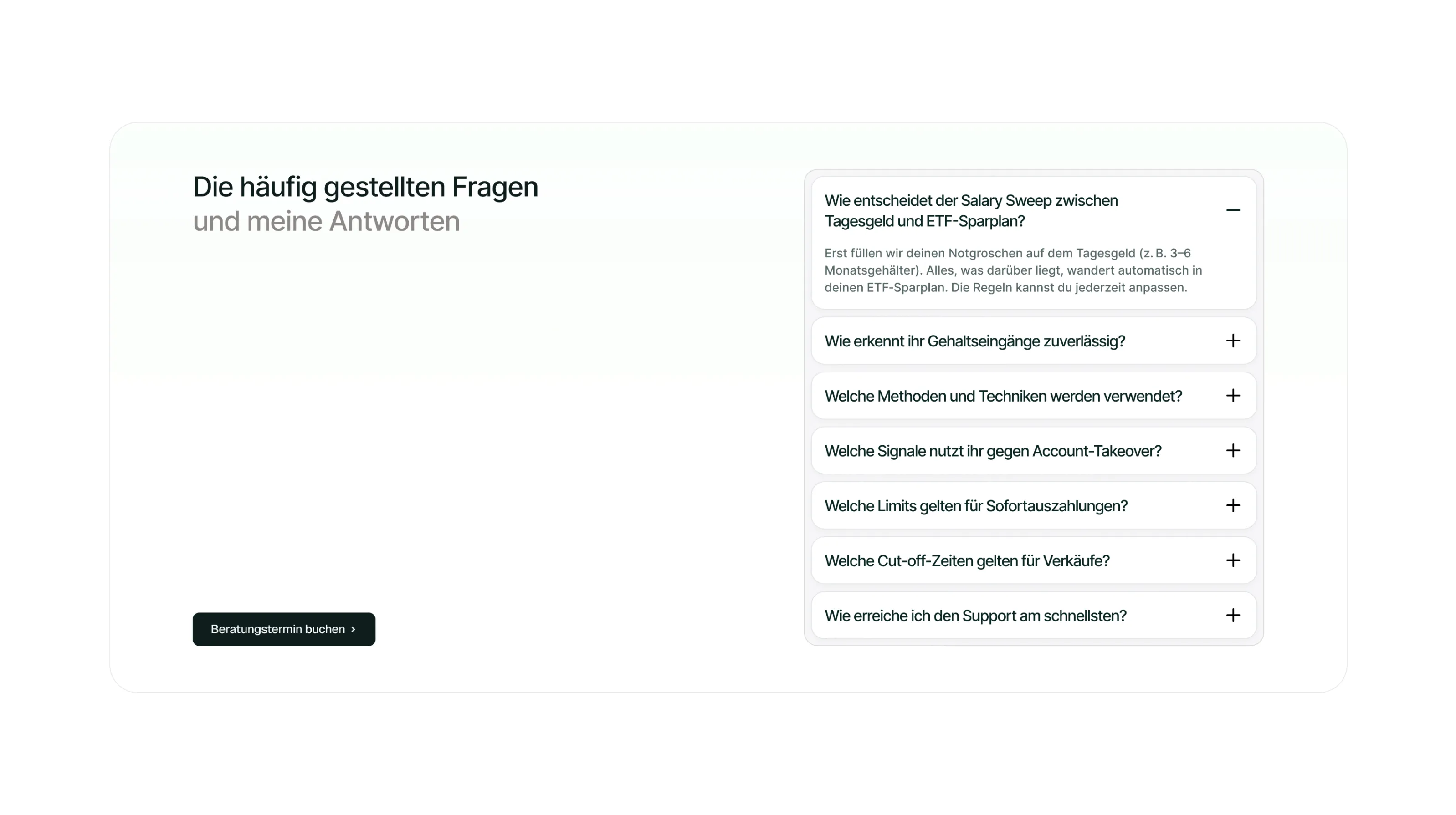 Clean fintech pricing or feature list