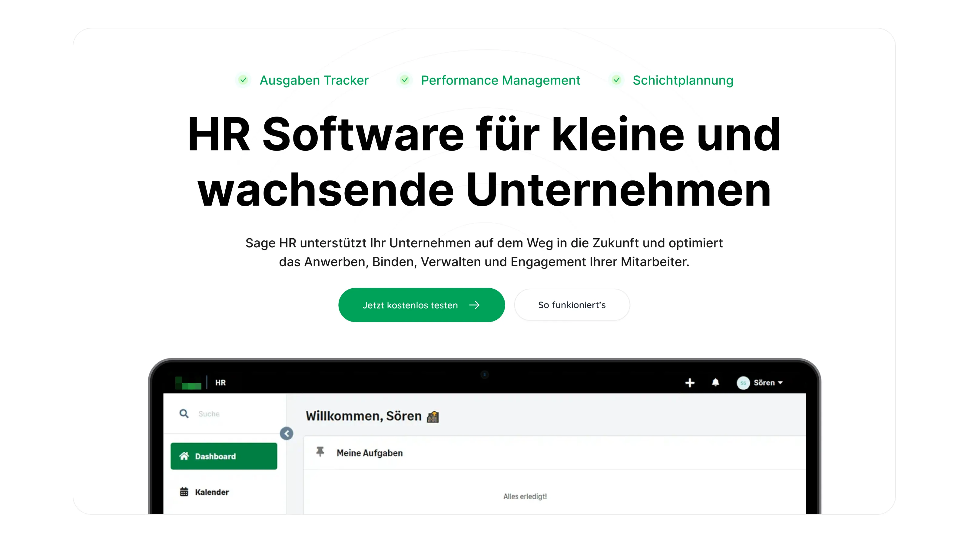 HR software dashboard header with menu