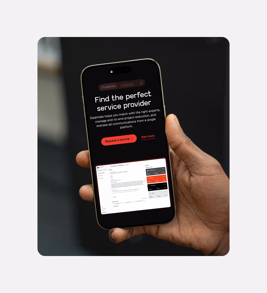 Dealmate app displayed on a smartphone