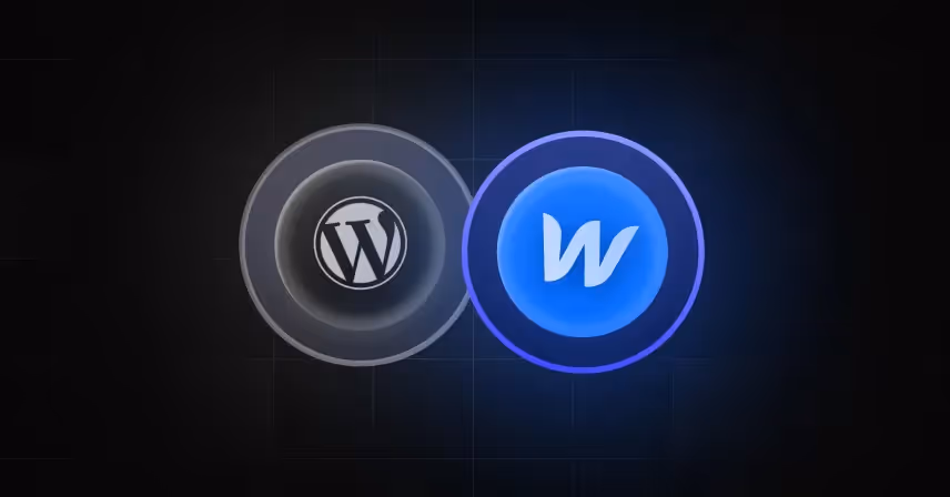 Side-by-side comparison of a Webflow and WordPress website editor interface in 2026