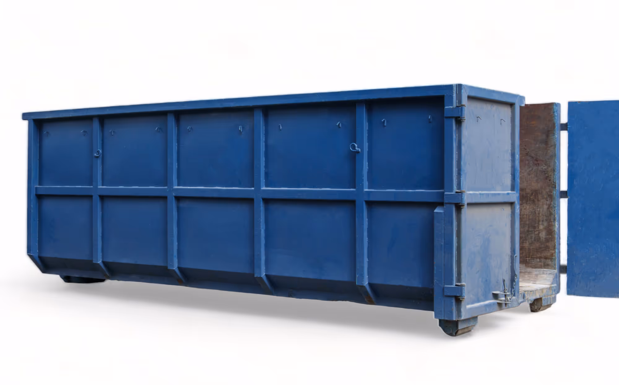 A blue roll-off dumpster, ideal for waste management.