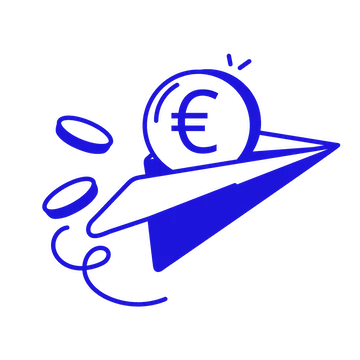 White line drawing of a paper airplane carrying a Euro symbol coin with motion lines and two additional coins behind it on a black background.
